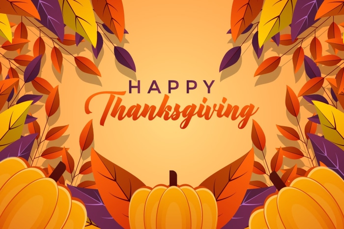 Happy Thanksgiving with Pumpkins and Autumn Leaves