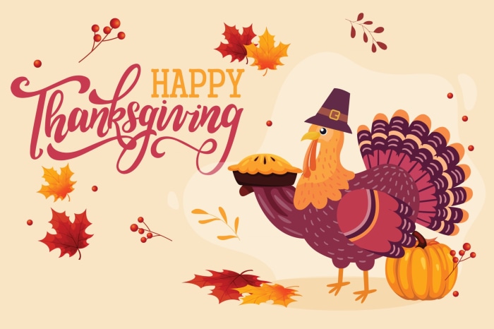 Happy Thanksgiving turkey with pie and pumpkin
