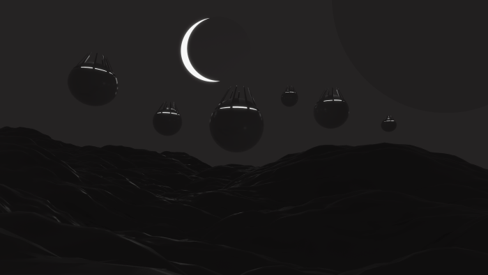 Alien pods hovering over a dark, alien landscape under a crescent moon