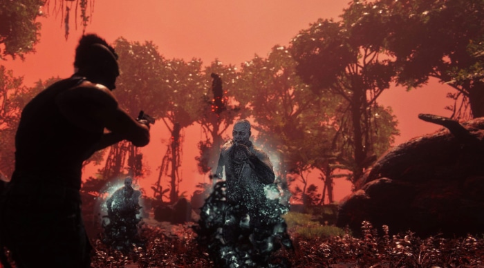 Far Cry 6 character aiming at spectral enemies in jungle