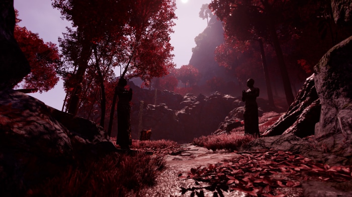Fantasy forest with statues and red trees 4K