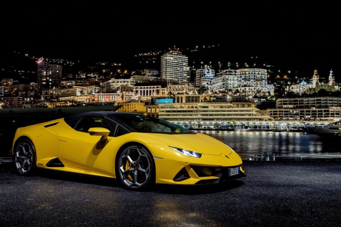 Yellow Lamborghini Huracan Evo Convertible in Monaco at Night
