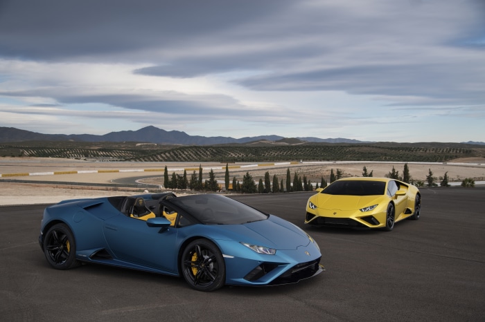 Two Lamborghini Huracán Evo cars on a racetrack
