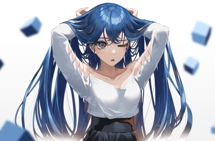 Girl with long blue hair winks