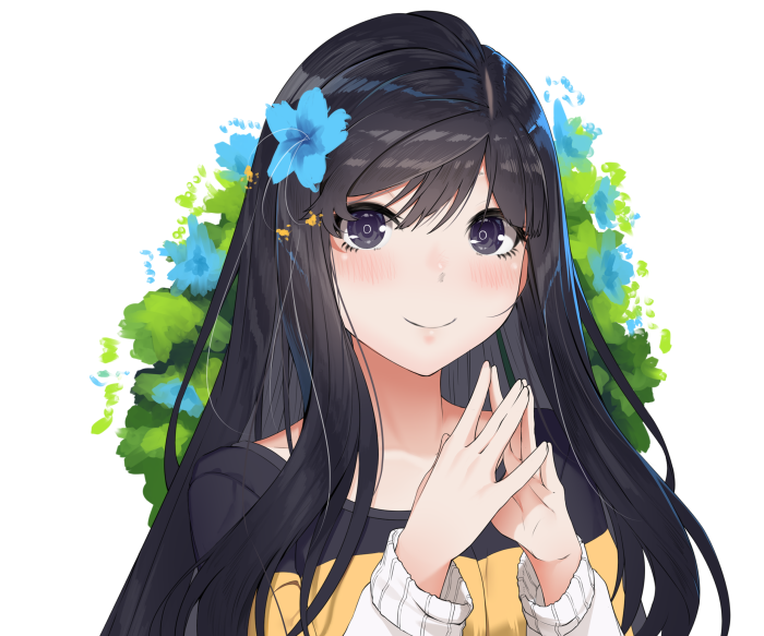 Anime girl with black hair and blue flowers