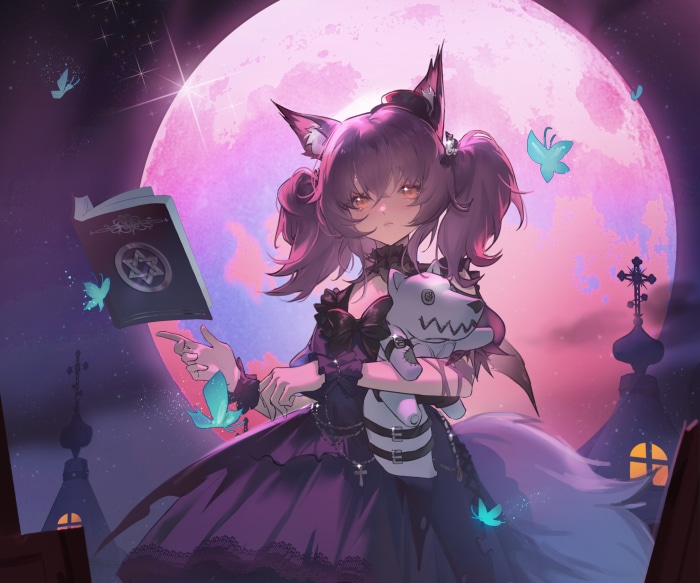 Shamare from Arknights with a book and plush toy