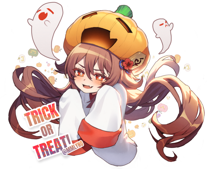 Hu Tao from Genshin Impact with pumpkin hat