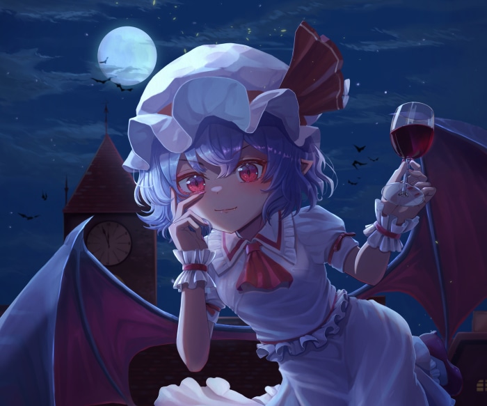 Remilia Scarlet from Touhou holding a glass of wine