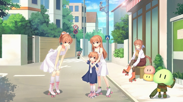 Girls on roller skates in a street scene