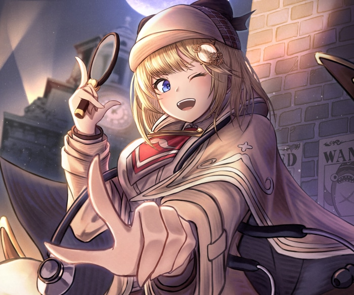 Watson Amelia from Hololive, a virtual YouTuber, holding a magnifying glass
