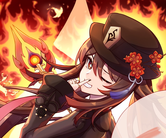 Hu Tao from Genshin Impact with a fiery staff