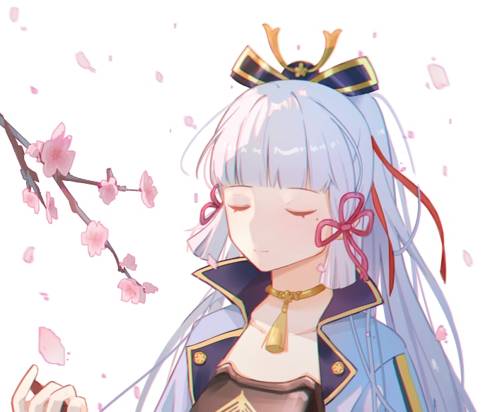 Kamisato Ayaka from Genshin Impact with cherry blossoms
