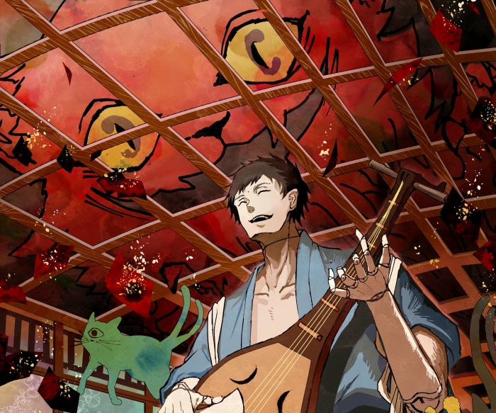 Man playing a lute with a cat and a demon ceiling