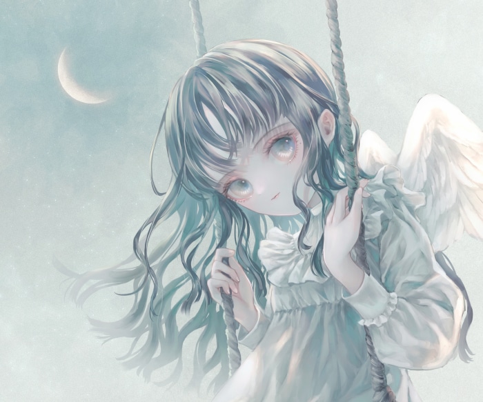 Angel girl on a swing under the moon