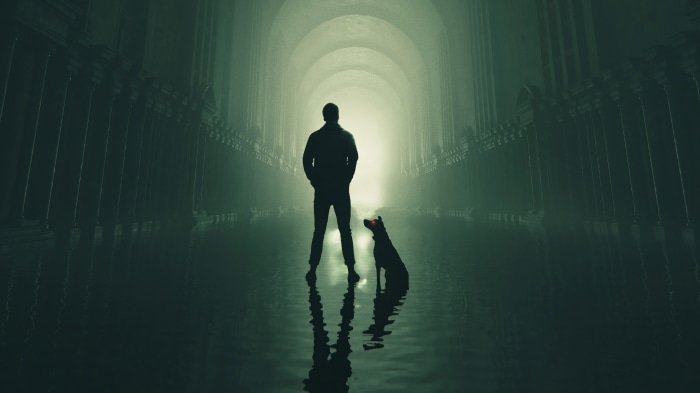 Silhouette of a man and a dog in a hall
