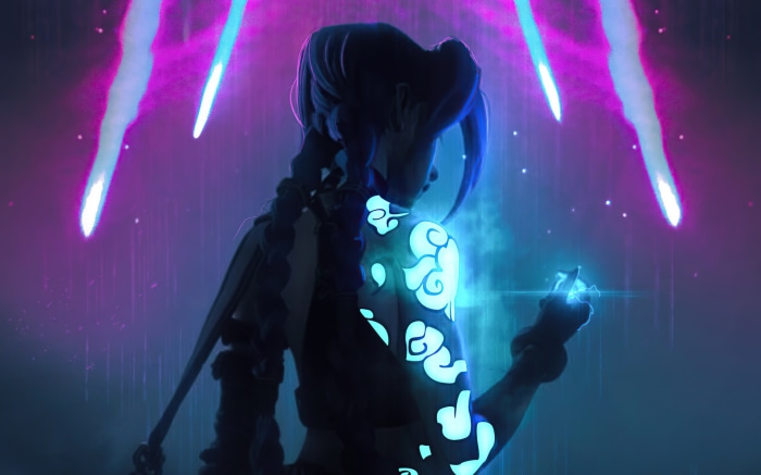 Jinx from Arcane with glowing tattoos