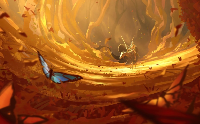 Knight on horseback in a forest with butterflies