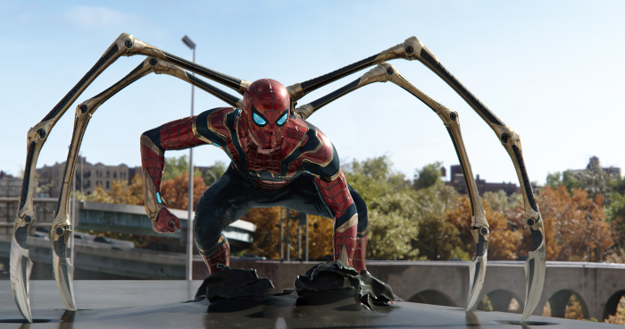 Spider-Man from Marvel with Iron Spider suit on a bridge