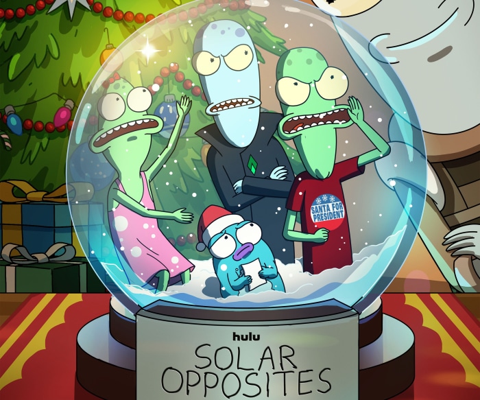 Solar Opposites characters in a snow globe