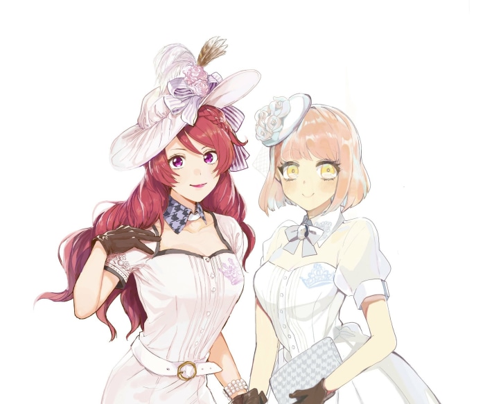 Two girls in white dresses and hats