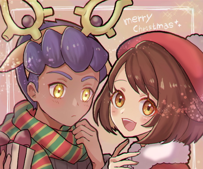 Hop and Gloria from Pokémon celebrating Christmas