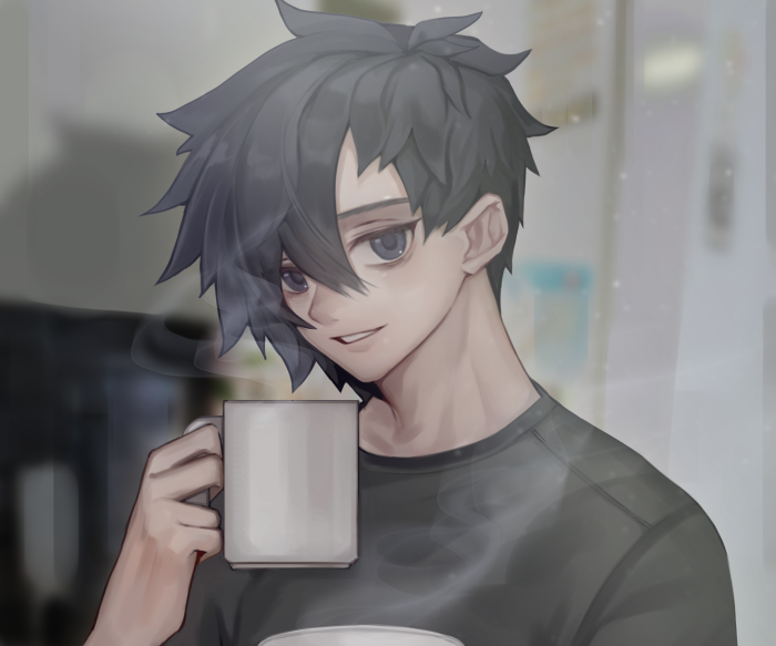 Sebastian from Stardew Valley holding a mug