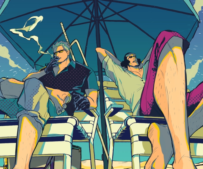 Smoker and Kuzan from One Piece relaxing on beach chairs