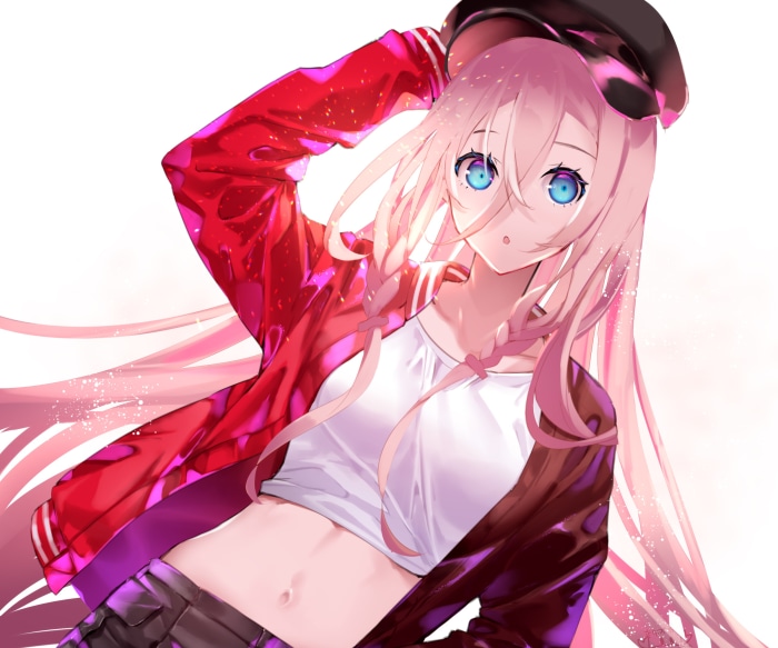 IA from Vocaloid wearing a red jacket and white top