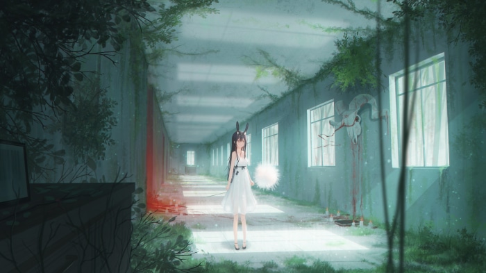 Girl with bunny ears in abandoned hallway