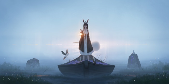 Girl with lantern in boat 4K