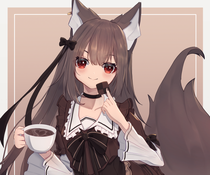 Anime girl with fox ears holding coffee and chocolate