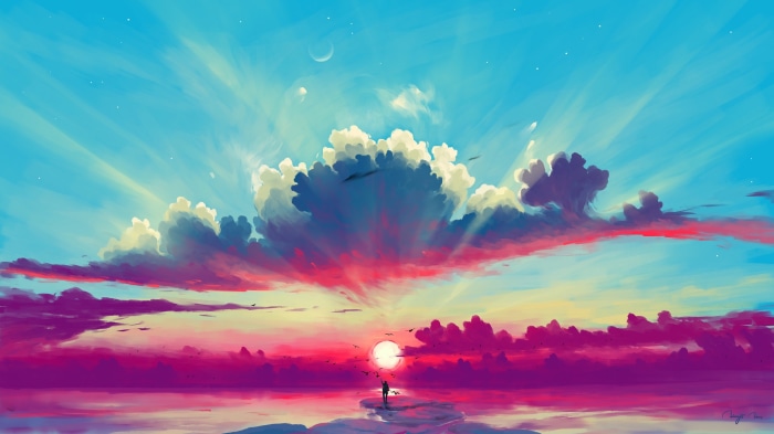 Person and birds in a colorful sky with clouds