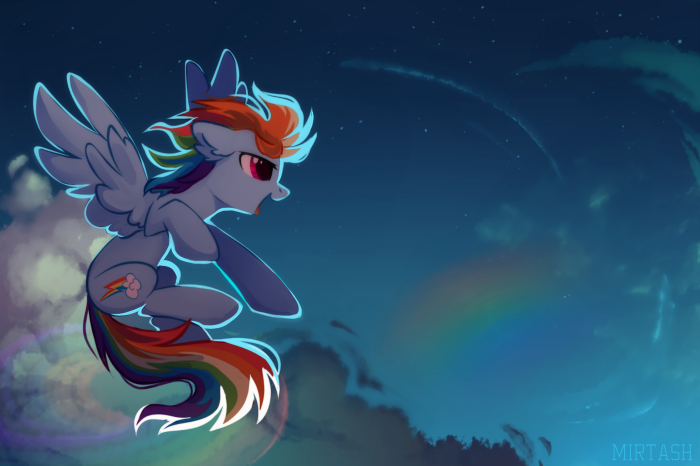 Rainbow Dash from My Little Pony flying at night