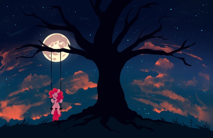 Pinkie Pie from My Little Pony on a swing at night