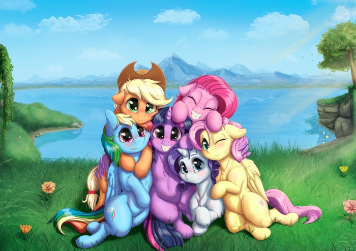 My Little Pony characters hugging by a lake