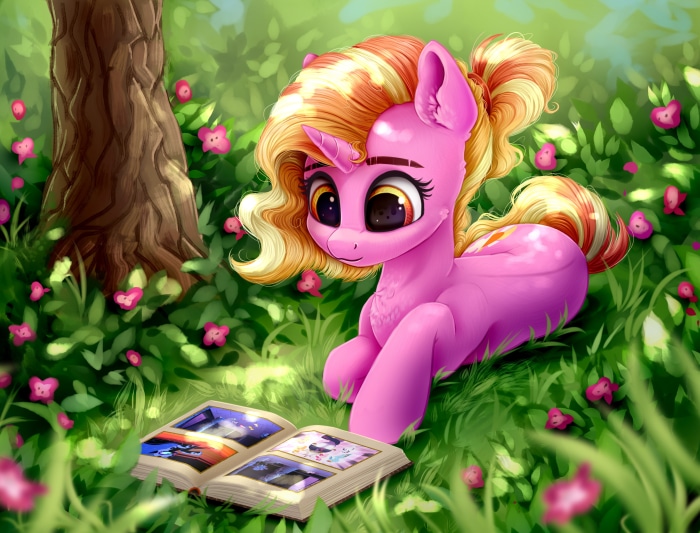 Pinkie Pie from My Little Pony reading a book