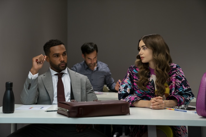 Emily in Paris: Gabriel and Emily in a classroom