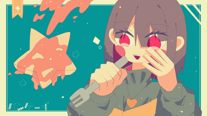 Chara from Undertale with a fork and a star-shaped object