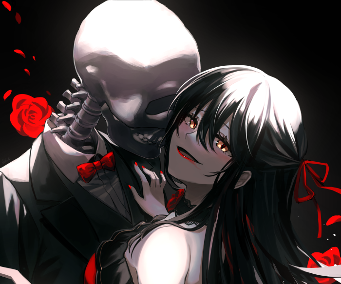 Girl with Skeleton in Tuxedo and Red Bow Tie