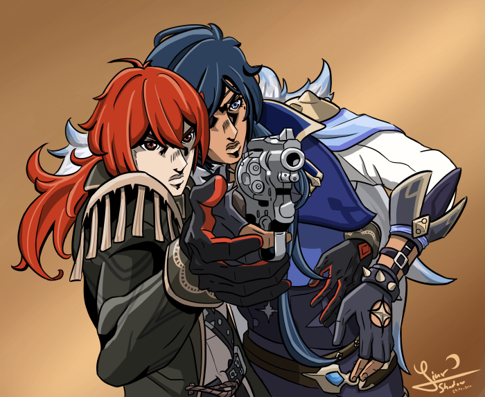 Kaeya and Diluc from Genshin Impact with a gun