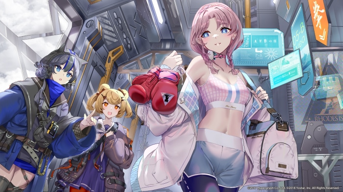 Arknights characters with boxing gloves and gym bag