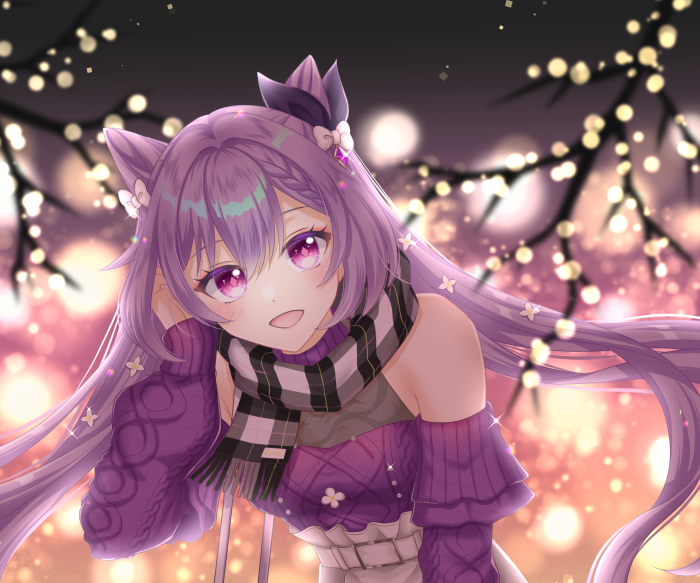 Keqing from Genshin Impact with purple hair and cat ears
