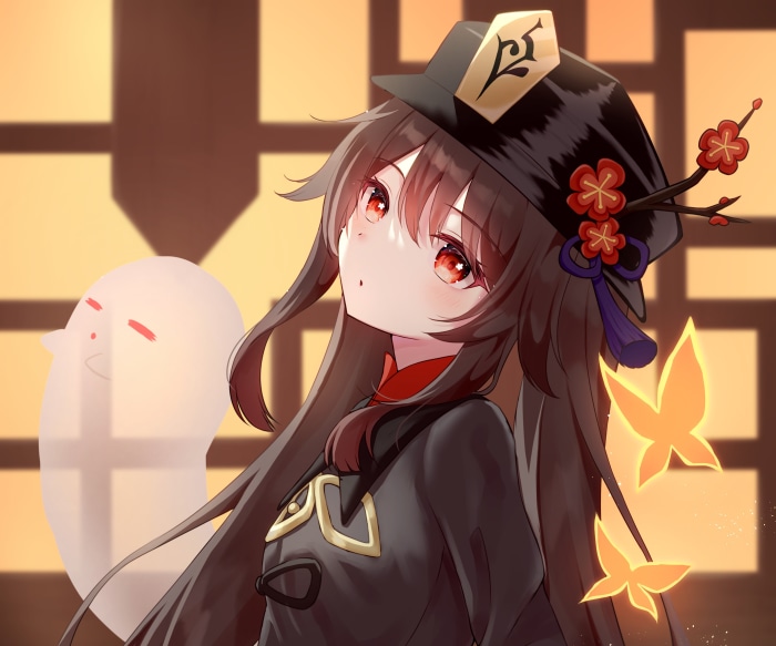 Hu Tao from Genshin Impact with a ghost companion