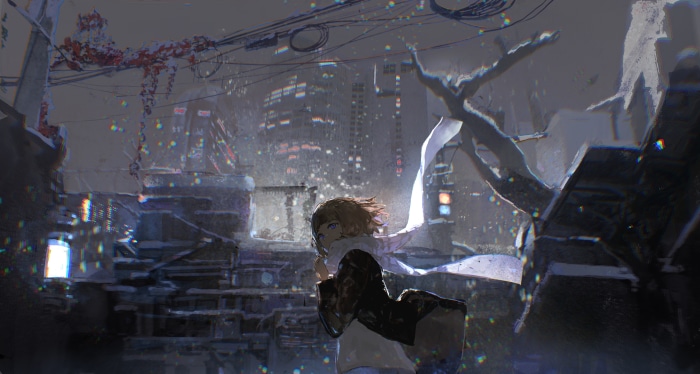 Girl in a snowy city at night 4K
