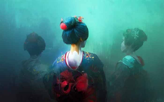 Three geishas in kimonos, painting by Thomas Dubois