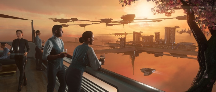 Star Citizen futuristic city sunset