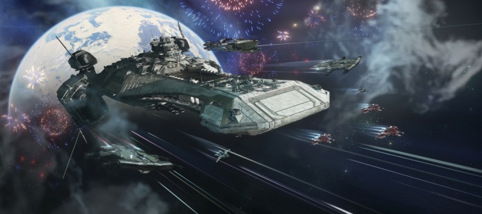 Star Citizen fleet with planet and fireworks