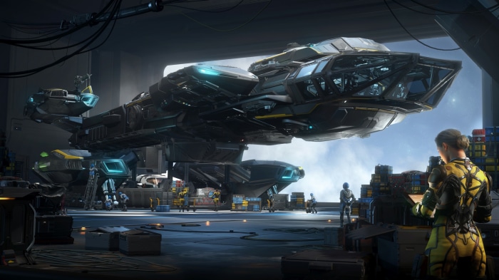 Spaceship in a hangar with crew