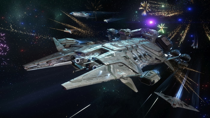Star Citizen spaceships with fireworks
