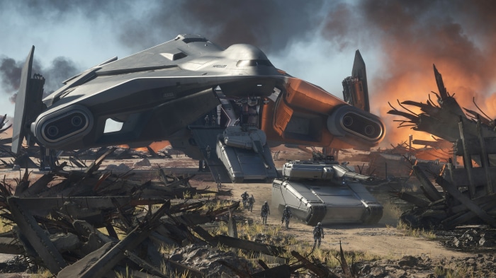 Star Citizen spaceship and tank in a war-torn landscape